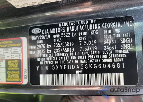 2019 Kia Sorento Ex/Ex Sport z USA, uszkodzony, nr VIN 5XYPHDA53KG604681